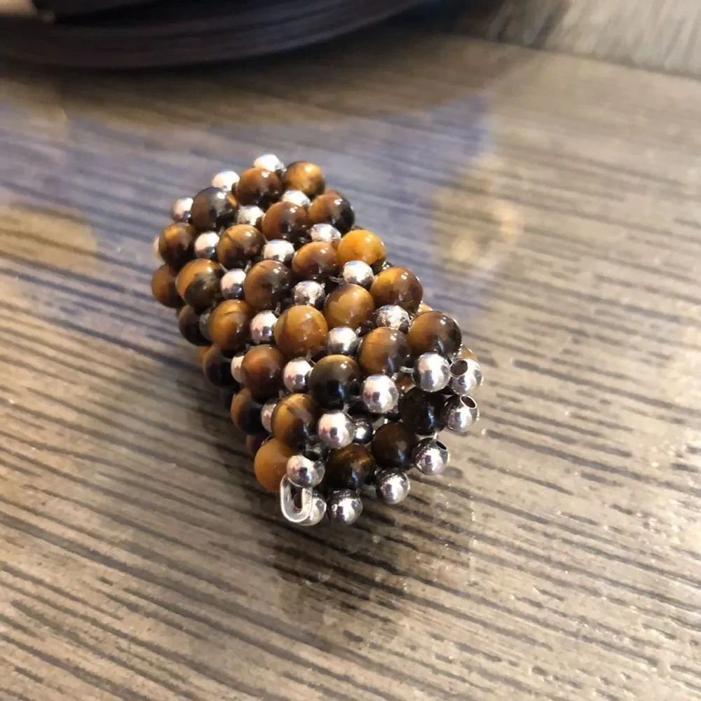Waxed Brown Cord Necklace with Silver & Tigers Eye Beads, Sterling End Caps